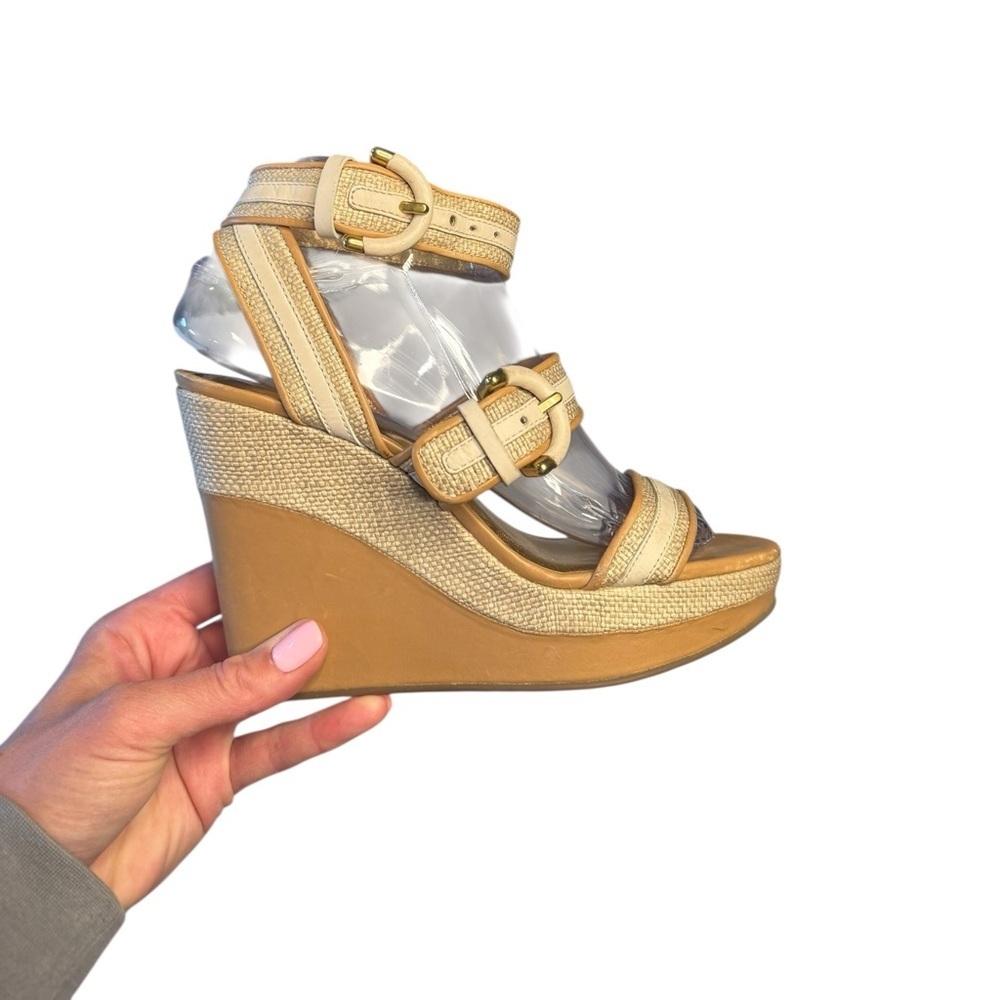 Coach Mariah Gold Raffia Wedge Sandals Size 7B Y2K Resort Glam Platform Heels - Picture 2 of 9